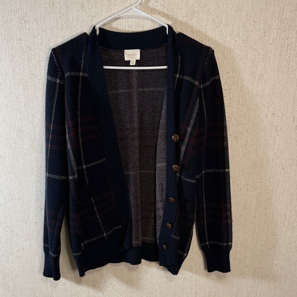 Cyrus Women's Navy Checkered Cardigan
